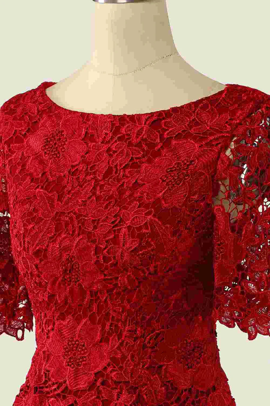 Two piece red lace short bridal gown paired with a button up cardigan wool sweater