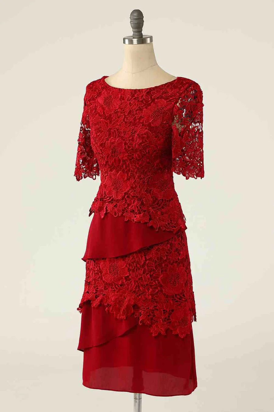 Two piece red lace short bridal gown paired with a button up cardigan wool sweater