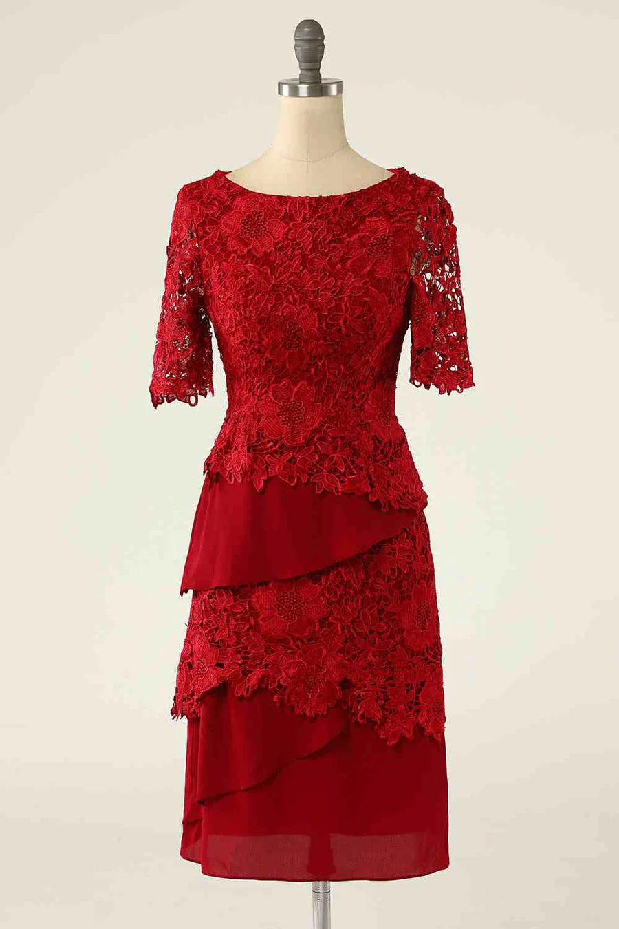 Two piece red lace short bridal gown paired with a button up cardigan wool sweater