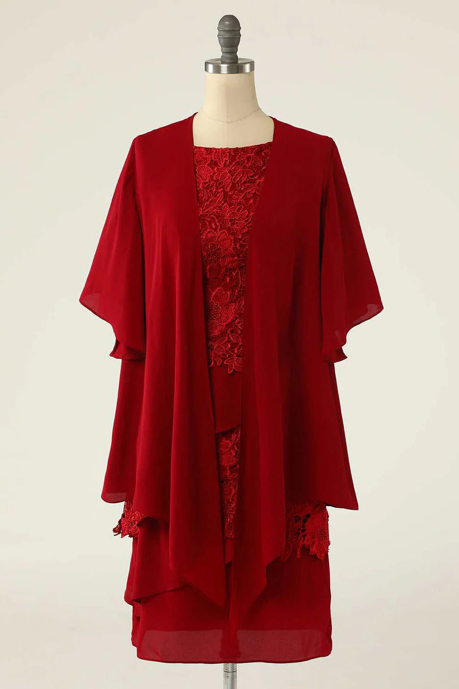 Two piece red lace short bridal gown paired with a button up cardigan wool sweater