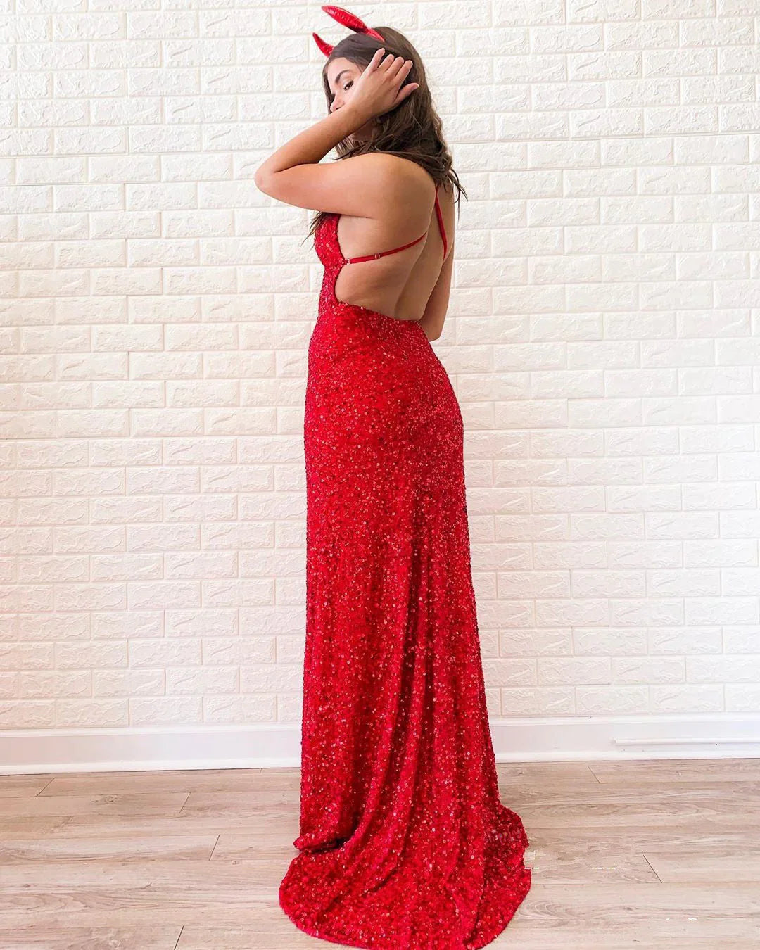 DingJiDress Long Prom Dresses Mermaid Spaghetti Straps Embroidery Red Satin Sequins V Neck