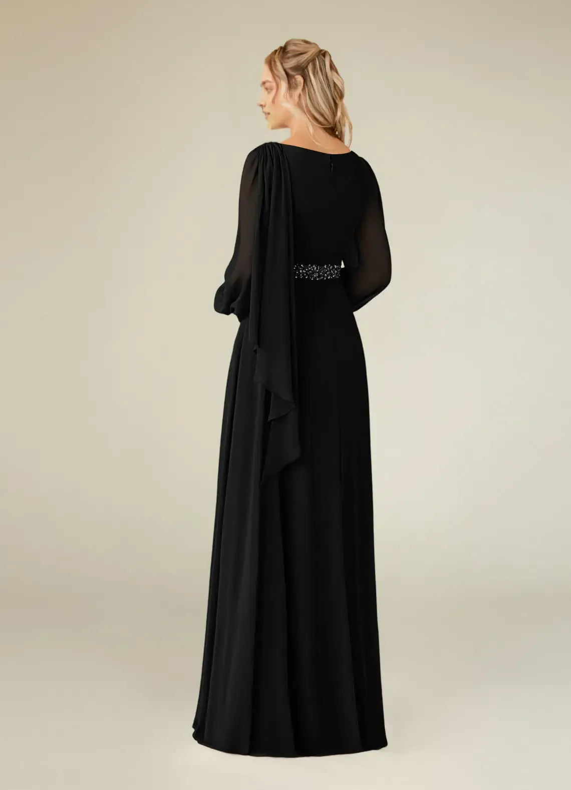 Unique Black A-Line Boatneck Pleated Chiffon Mother of the Bride Dresess Sophisticated Sheer Sleeves Boat Neckline Draped Ruched Detailing Sparkling Beaded Waistband