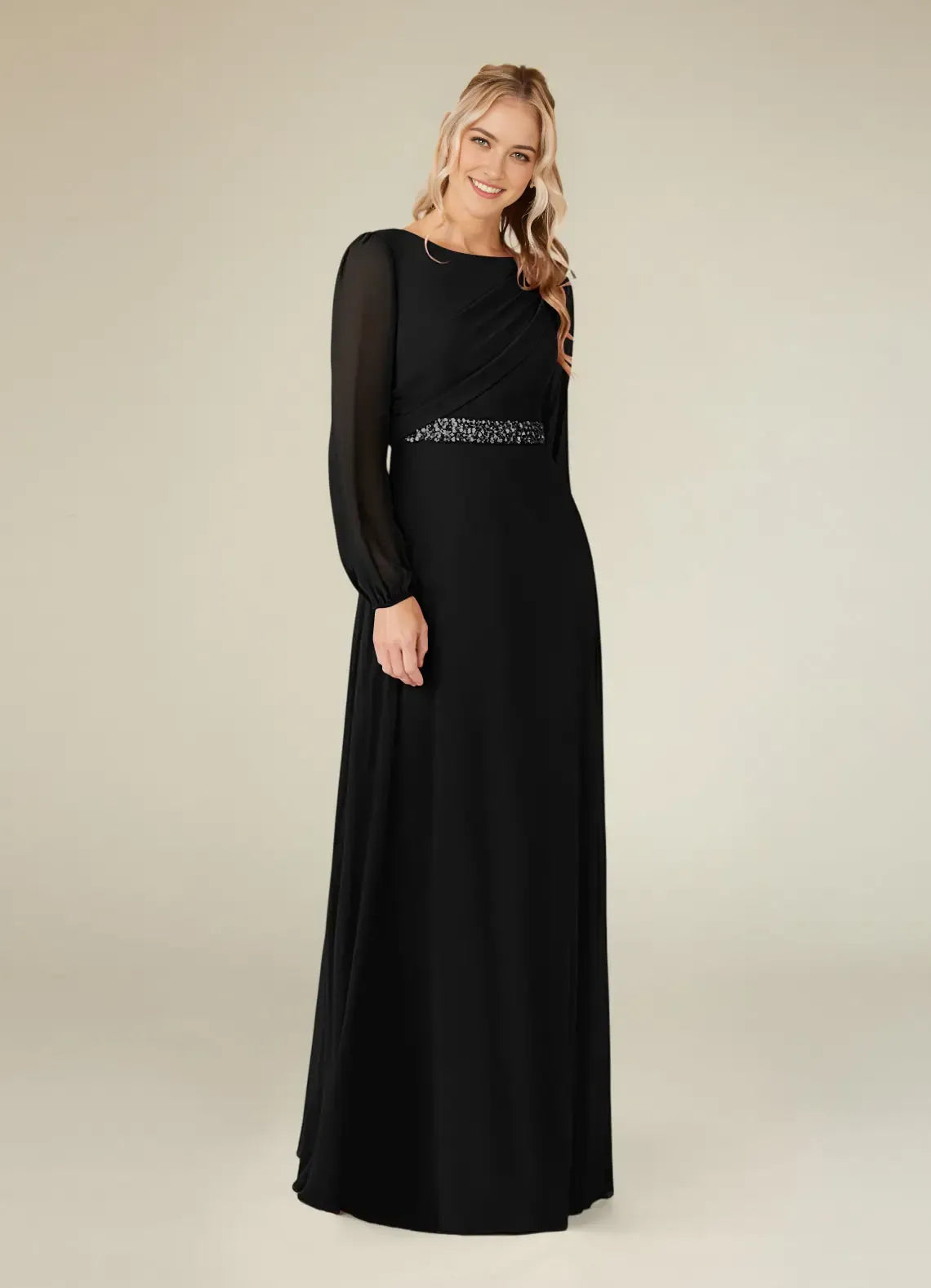 Unique Black A-Line Boatneck Pleated Chiffon Mother of the Bride Dresess Sophisticated Sheer Sleeves Boat Neckline Draped Ruched Detailing Sparkling Beaded Waistband