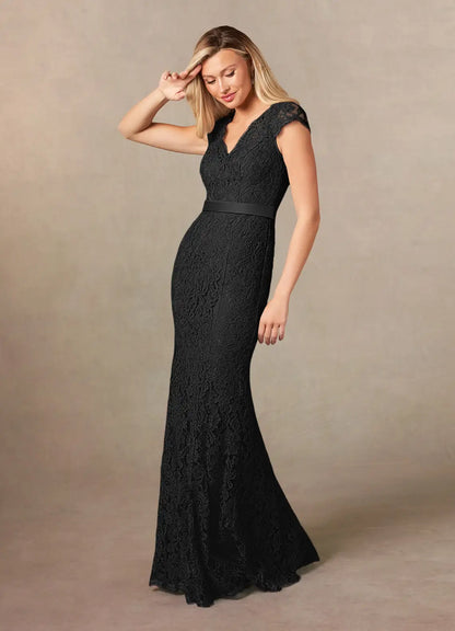 Unique Black Mermaid Mother of the Bride Dresses Lace  with V - Neckline Cap Sleeves and Slim Waistband