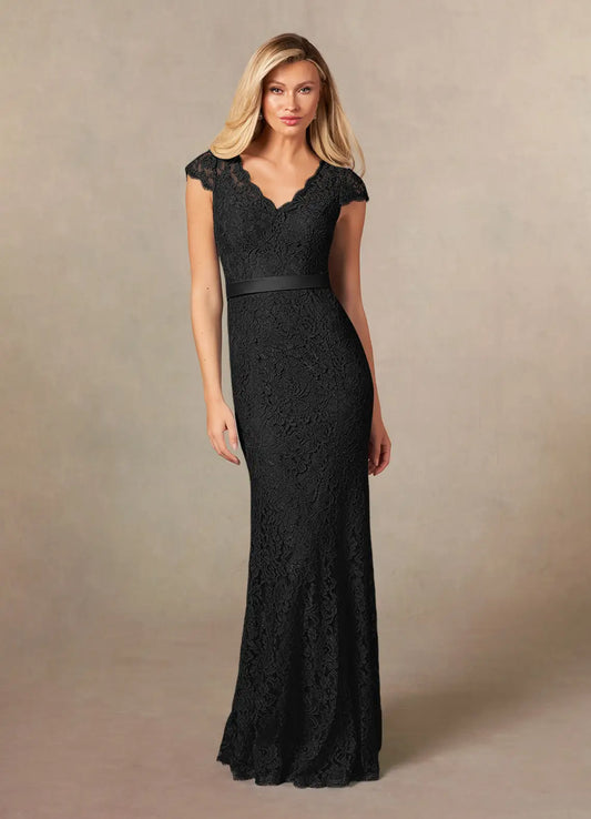 Unique Black Mermaid Mother of the Bride Dresses Lace  with V - Neckline Cap Sleeves and Slim Waistband
