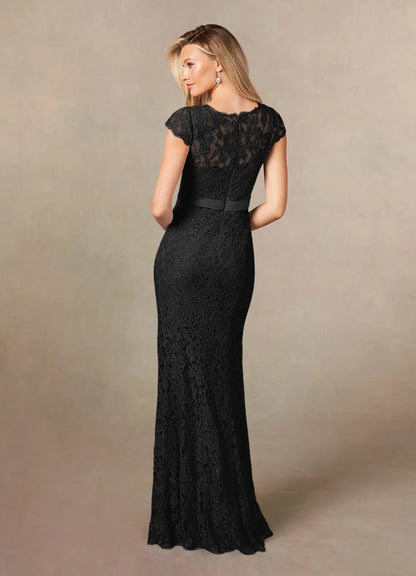 Unique Black Mermaid Mother of the Bride Dresses Lace  with V - Neckline Cap Sleeves and Slim Waistband