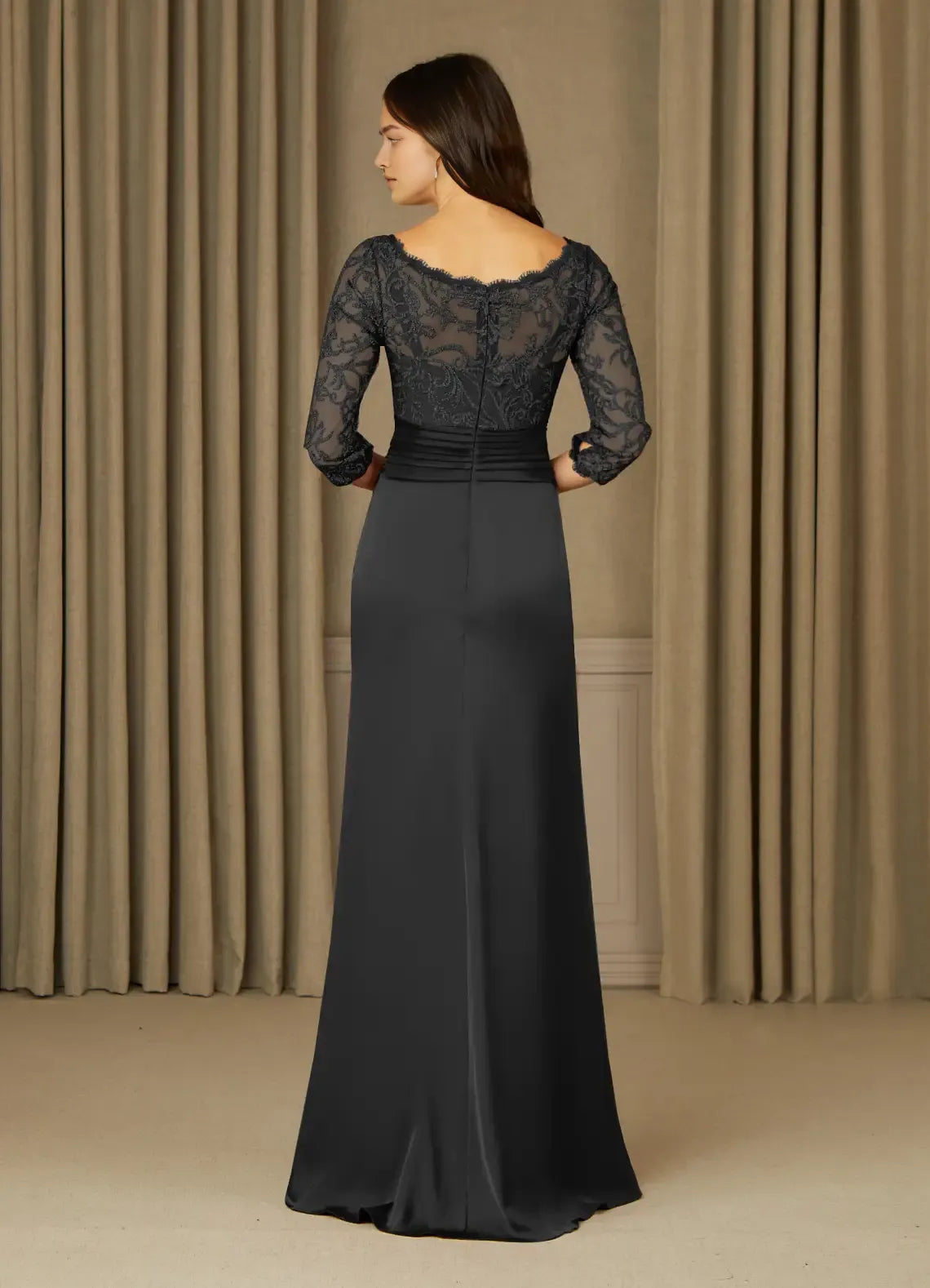 Unique Black Mother of the Bride Dreses Sophisticated Sheer Lace 3/4 Sleeves Illusion Neckline Intricate Detailing Timeless Mermaid Design