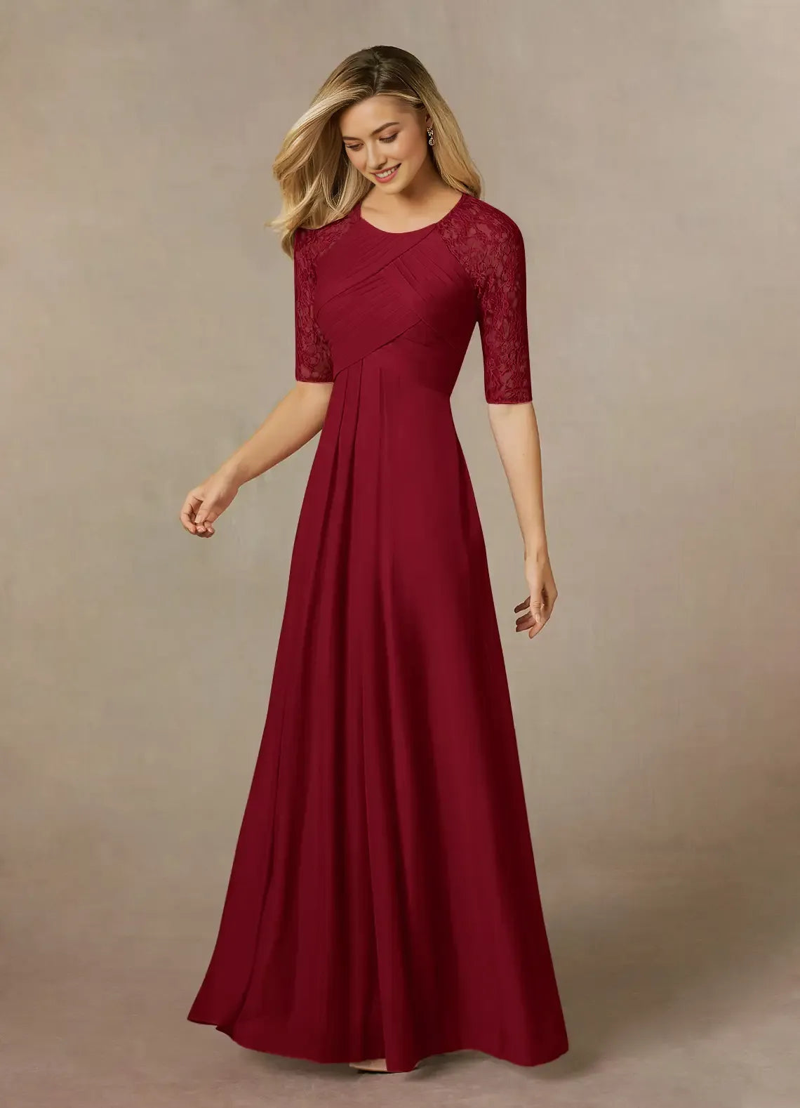 Unique Burgundy A-Line Lace Mesh Mother of the Bride Dresses Sophisticated Sheer Chiffon Flutter Sleeves Plunging V - Neck Intricate Draped Ruffle