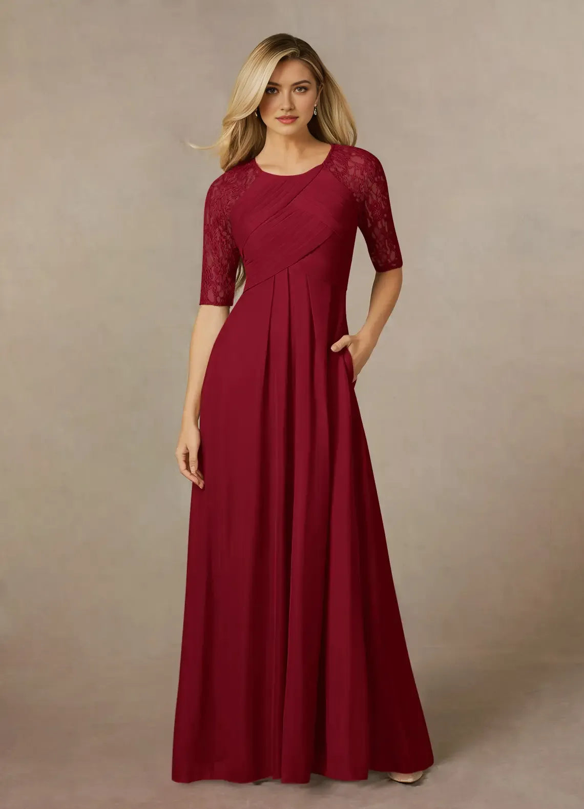 Unique Burgundy A-Line Lace Mesh Mother of the Bride Dresses Sophisticated Sheer Chiffon Flutter Sleeves Plunging V - Neck Intricate Draped Ruffle