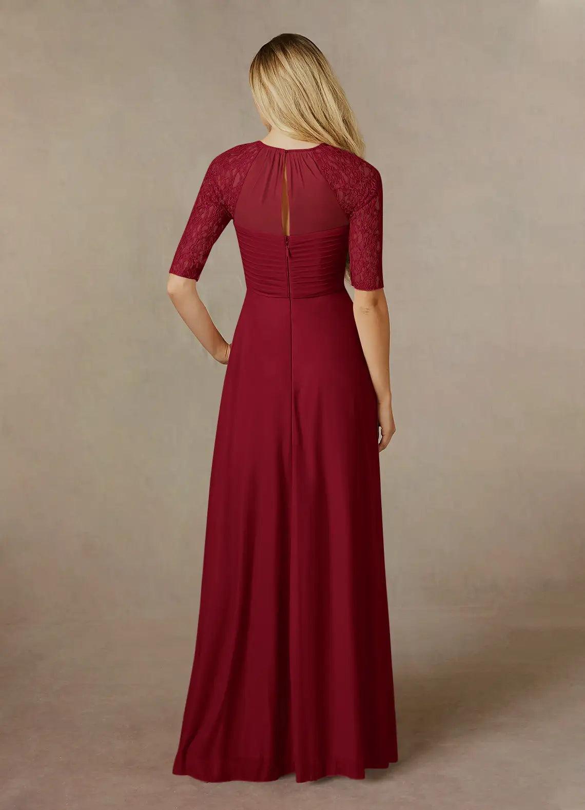 Unique Burgundy A-Line Lace Mesh Mother of the Bride Dresses Sophisticated Sheer Chiffon Flutter Sleeves Plunging V - Neck Intricate Draped Ruffle
