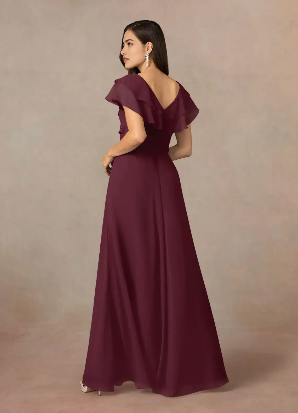 Unique Cabernet A-Line V-Neck Ruched Chiffon Mother of the Bride Dresses with Ruffled Flutter Sleeves Asymmetric Draped Accents  Sparkling Brooch