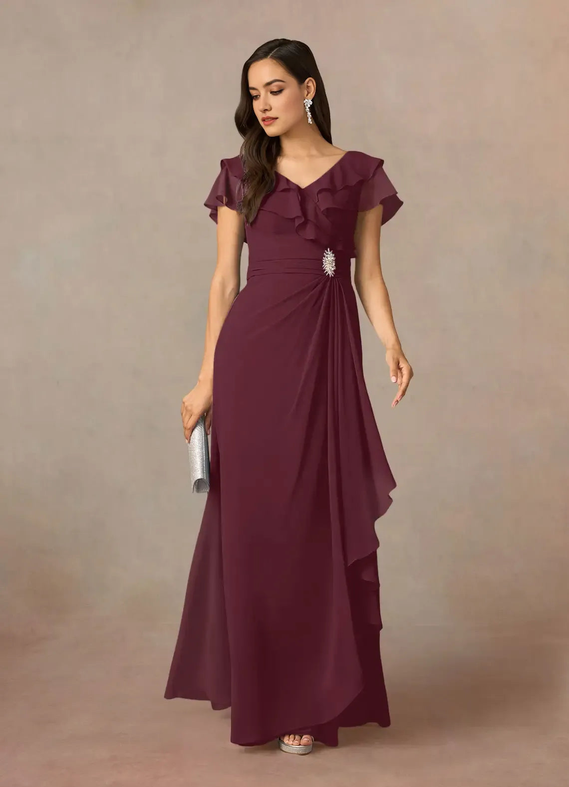 Unique Cabernet A-Line V-Neck Ruched Chiffon Mother of the Bride Dresses with Ruffled Flutter Sleeves Asymmetric Draped Accents  Sparkling Brooch