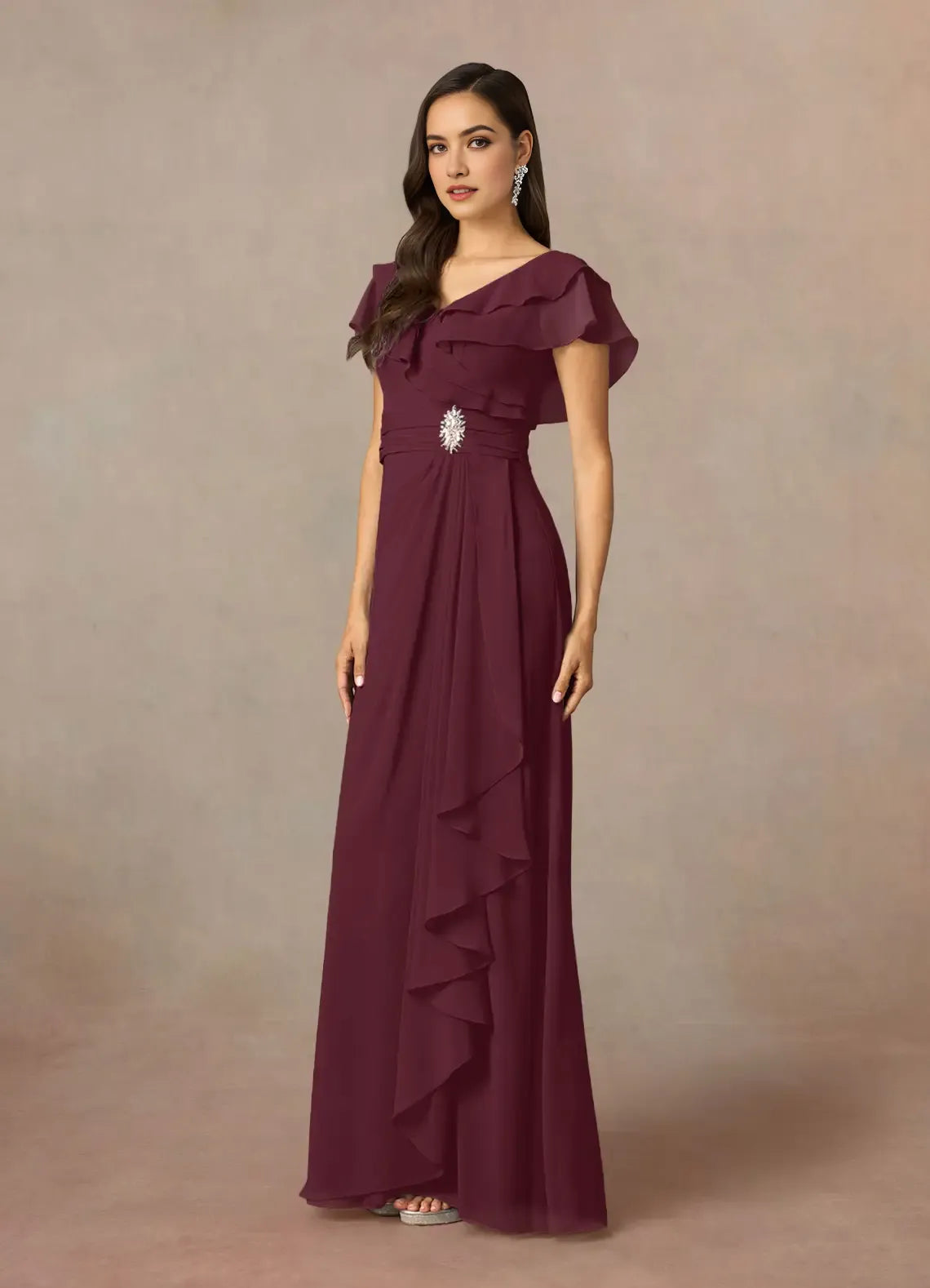Unique Cabernet A-Line V-Neck Ruched Chiffon Mother of the Bride Dresses with Ruffled Flutter Sleeves Asymmetric Draped Accents  Sparkling Brooch