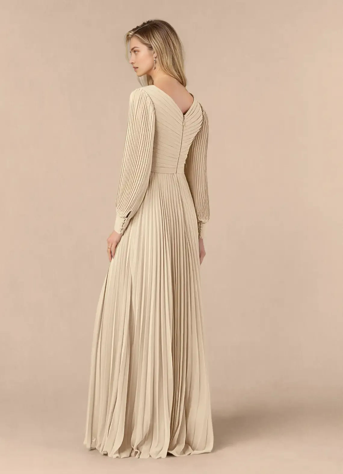 Unique Champagne A-Line Pleated long sleeve Chiffon Mother of the Bride Dresses Sophisticated Plunging V - Neck Pleated Silhouette Sheer