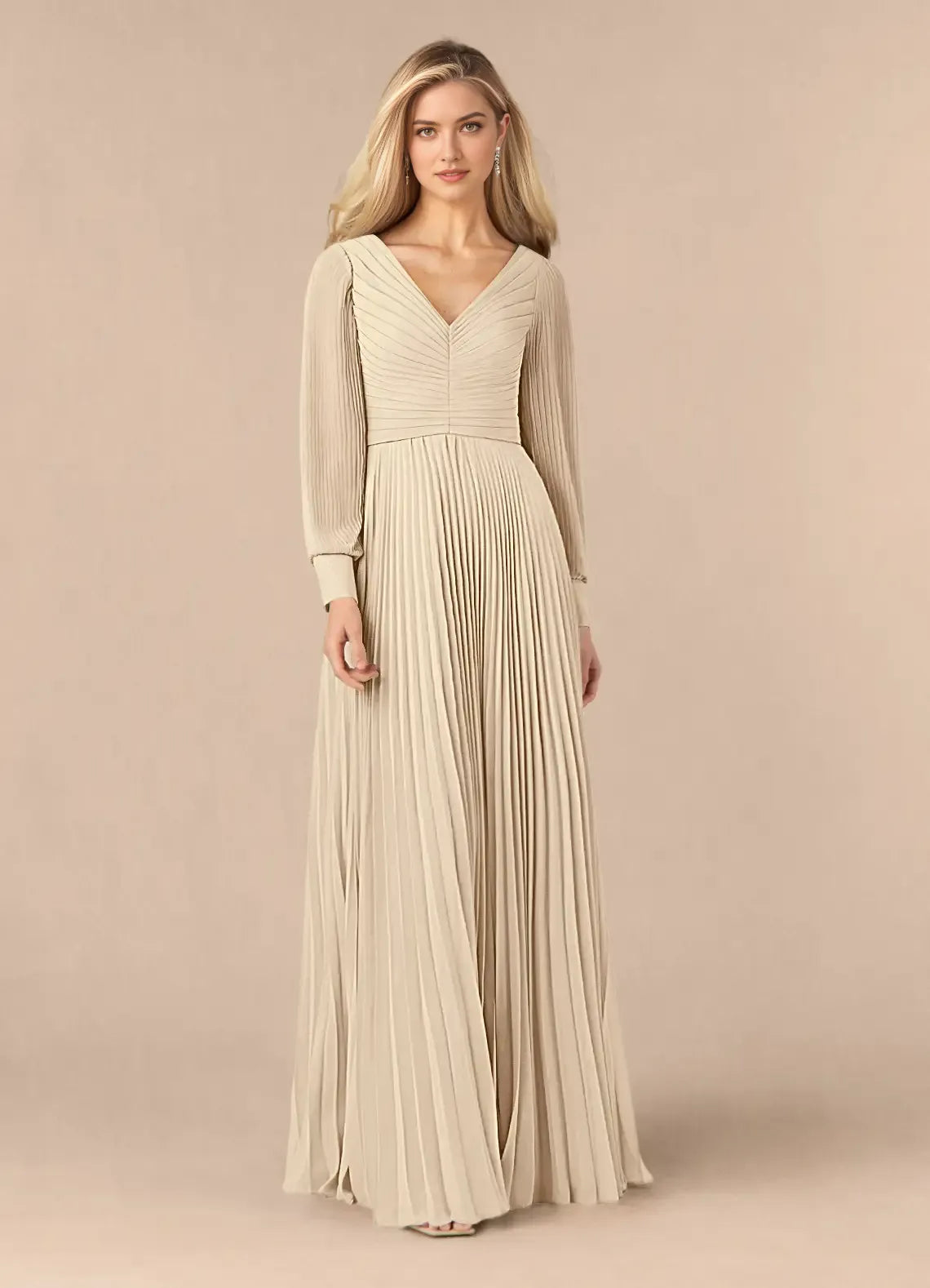 Unique Champagne A-Line Pleated long sleeve Chiffon Mother of the Bride Dresses Sophisticated Plunging V - Neck Pleated Silhouette Sheer