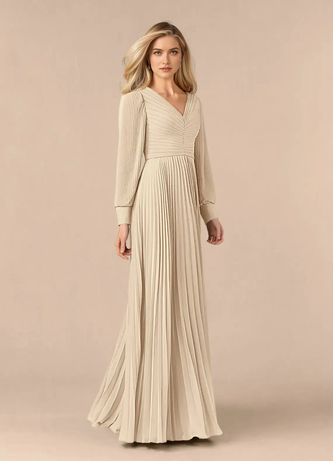 Unique Champagne A-Line Pleated long sleeve Chiffon Mother of the Bride Dresses Sophisticated Plunging V - Neck Pleated Silhouette Sheer