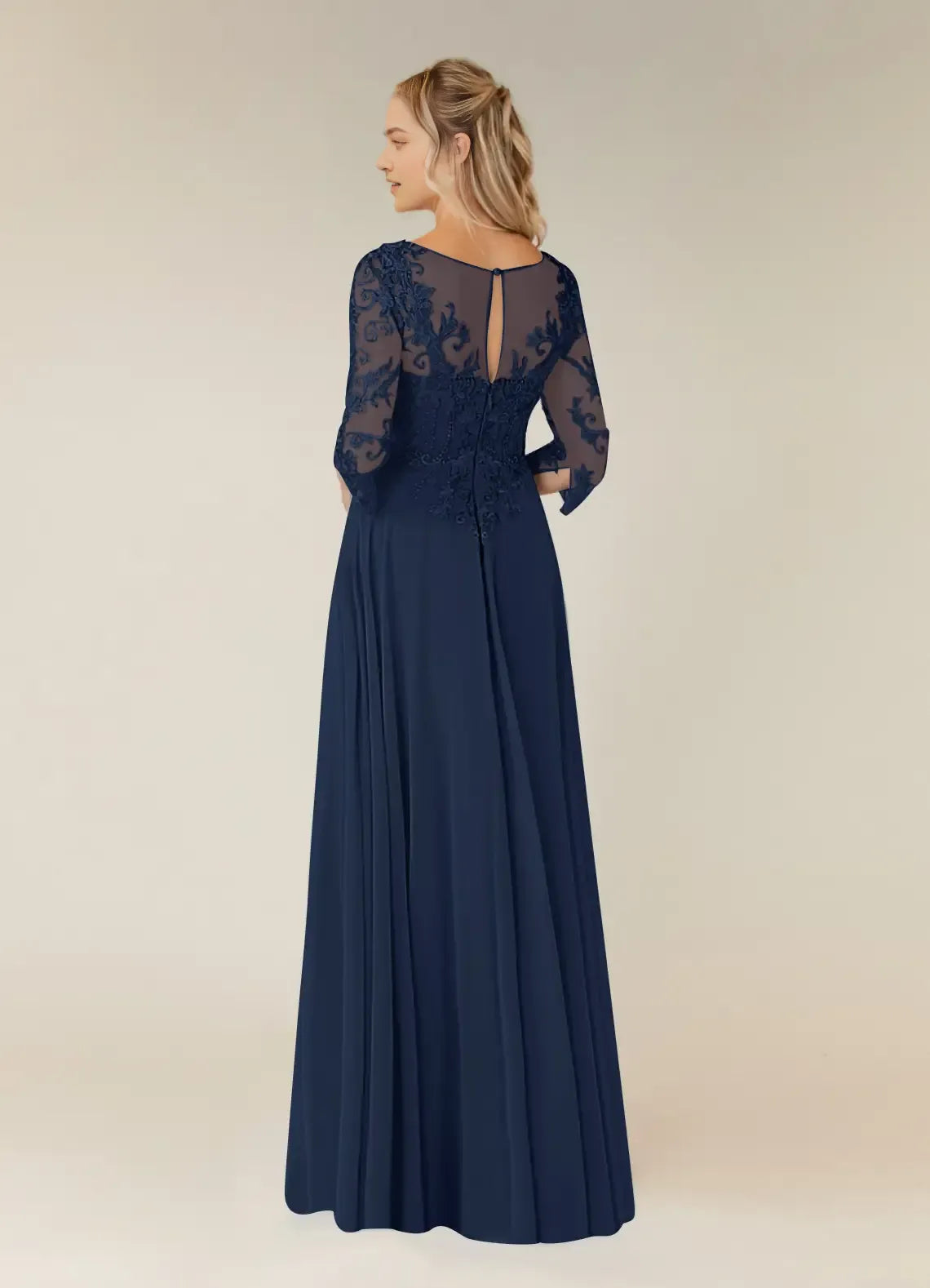 Unique Dark Navy A-Line Mother of the Bride Dresses V-Neck Lace Chiffon Intricate Lace Detailing Sheer 3/4 Sleeves Draped Chiffon Accents Embroidered Slit Design