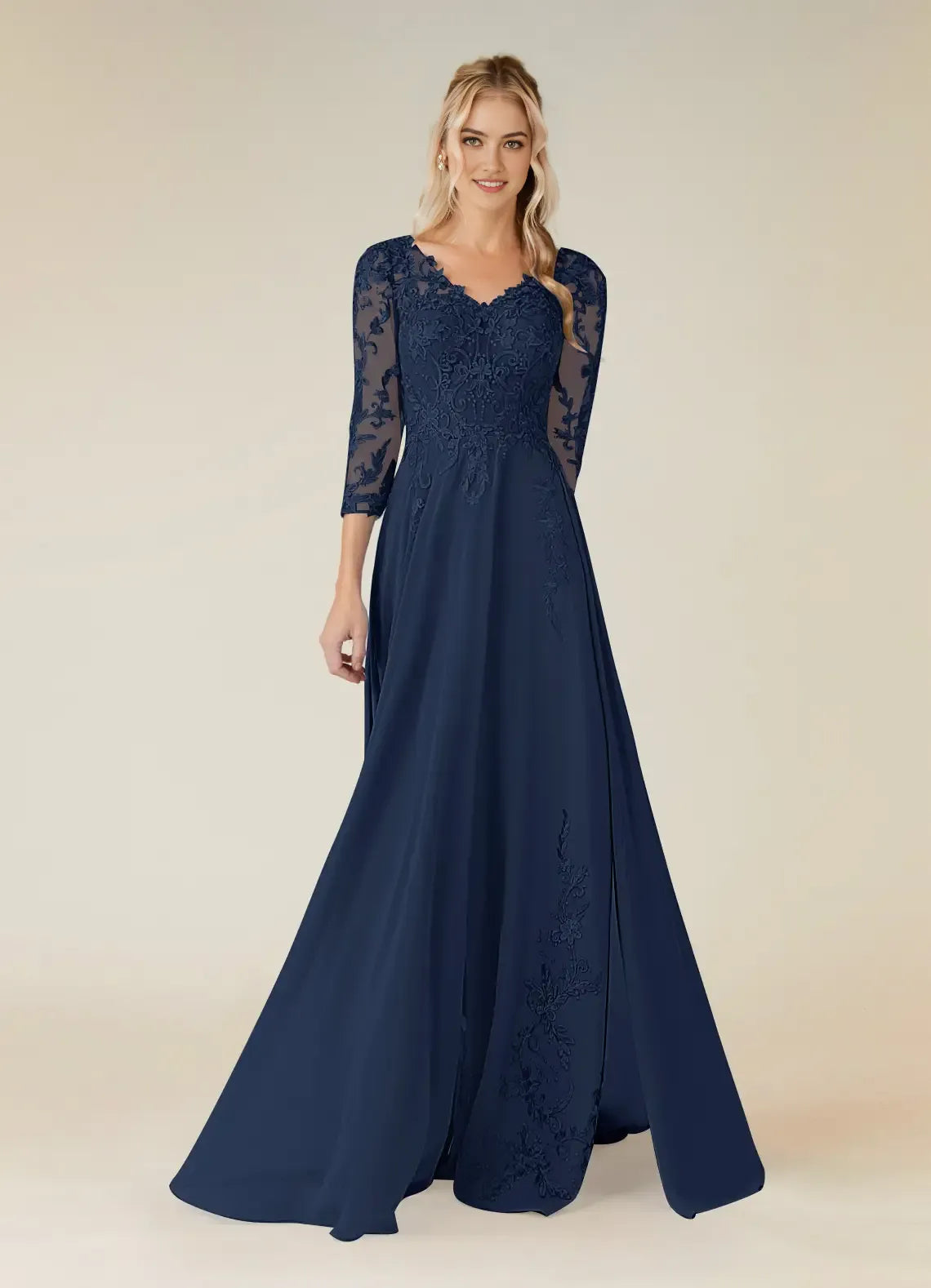 Unique Dark Navy A-Line Mother of the Bride Dresses V-Neck Lace Chiffon Intricate Lace Detailing Sheer 3/4 Sleeves Draped Chiffon Accents Embroidered Slit Design