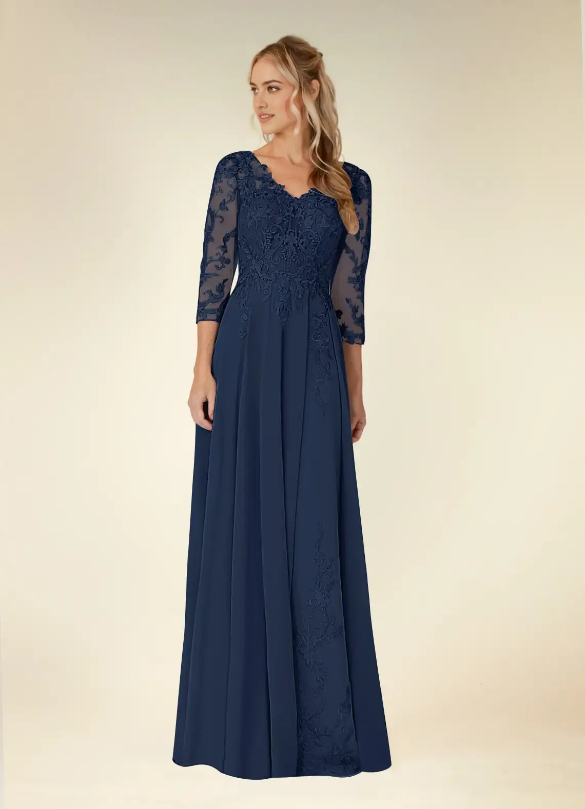 Unique Dark Navy A-Line Mother of the Bride Dresses V-Neck Lace Chiffon Intricate Lace Detailing Sheer 3/4 Sleeves Draped Chiffon Accents Embroidered Slit Design