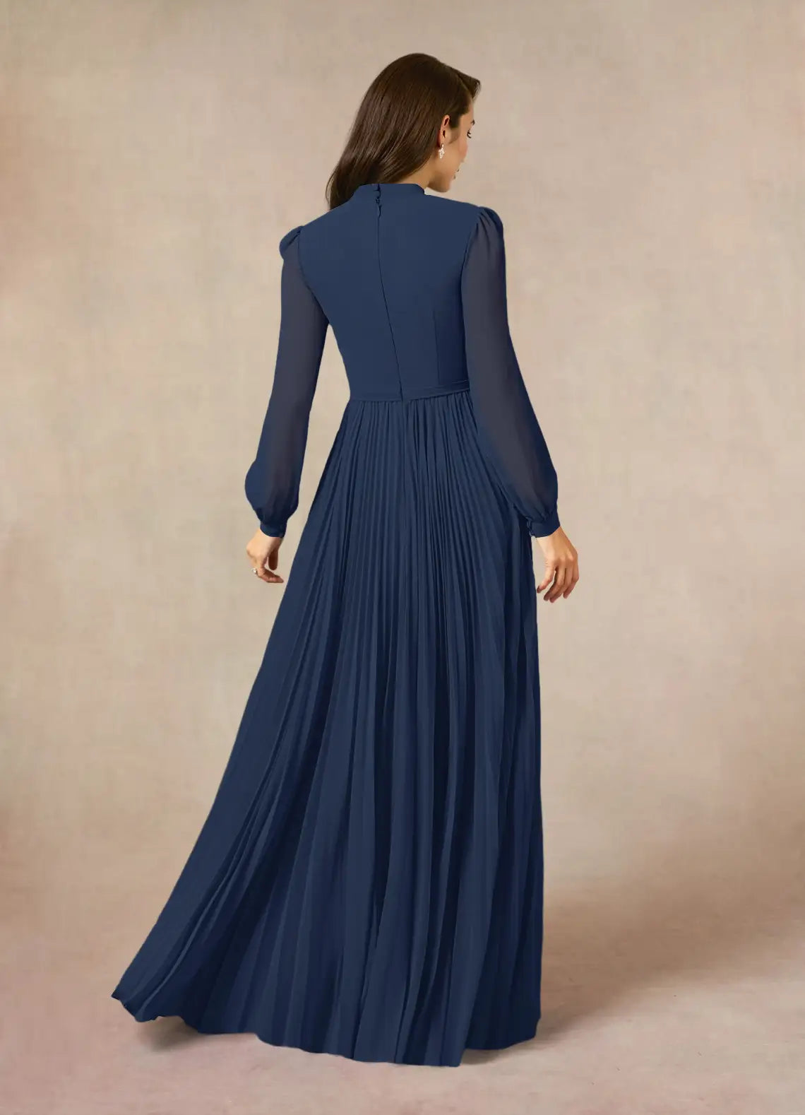 Unique Dark Navy A-Line Pleated Chiffon Mother of the Bride Dresses Sophisticated Tie Neckline Sheer Long Sleeves Button  Accented Detailing