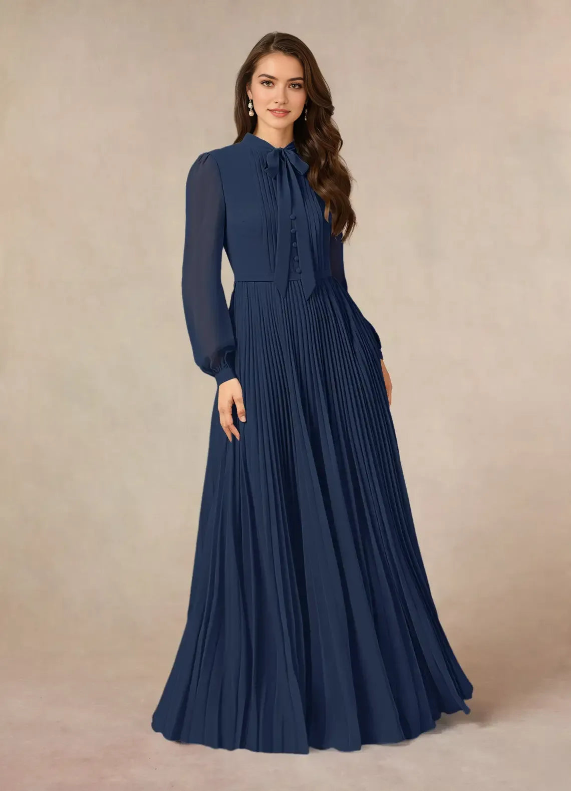 Unique Dark Navy A-Line Pleated Chiffon Mother of the Bride Dresses Sophisticated Tie Neckline Sheer Long Sleeves Button  Accented Detailing