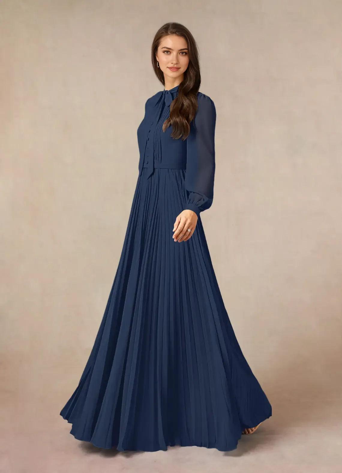 Unique Dark Navy A-Line Pleated Chiffon Mother of the Bride Dresses Sophisticated Tie Neckline Sheer Long Sleeves Button  Accented Detailing