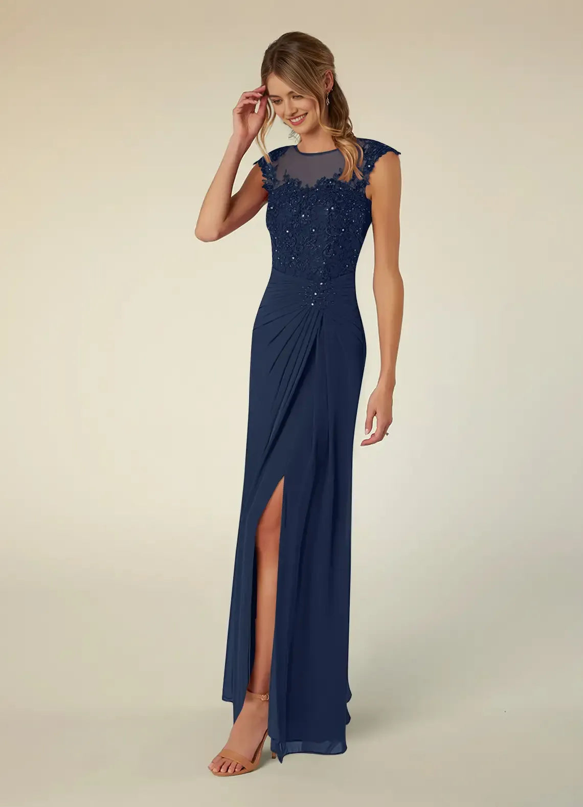 Unique Dark Navy A-Line Scoop Sequins Chiffon Mother of the Bride Gown with Illusion Lace Bodice, Beaded Embellishments Cap Sleeves Asymmetric Draped Accents Sophisticated High  Slit Skirt