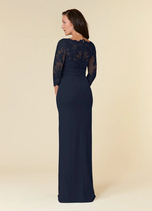 Unique Dark Navy  Mermaid Mother of the Bride Sheath Lace with Scalloped  Bodice3/4 Sheer Sleeves Pleated Waistband