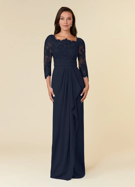 Unique Dark Navy  Mermaid Mother of the Bride Sheath Lace with Scalloped  Bodice3/4 Sheer Sleeves Pleated Waistband