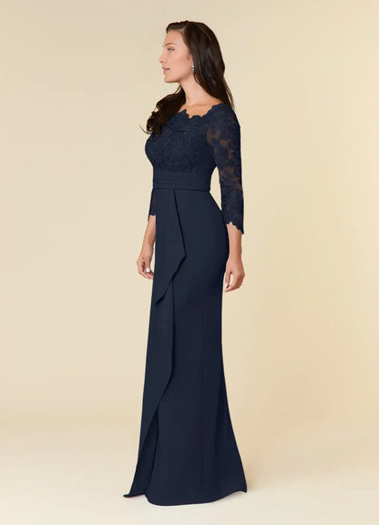 Unique Dark Navy  Mermaid Mother of the Bride Sheath Lace with Scalloped  Bodice3/4 Sheer Sleeves Pleated Waistband