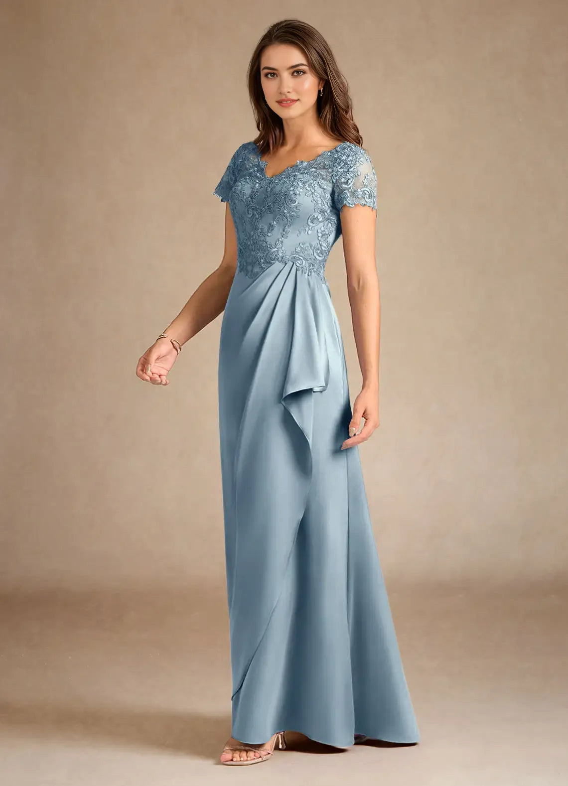 UniqueDusty Blue A-Line Lace Satin Mother of the Bride Dresses Sophisticated V - Neckline Sheer Lace Short Sleeves Draped Ruched Detailing