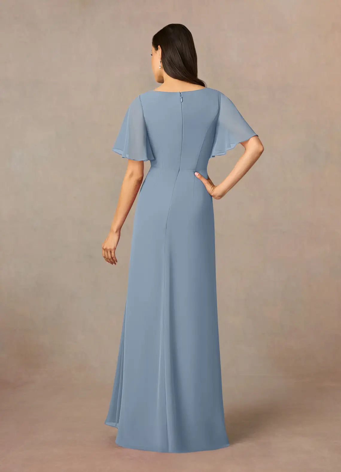 Unique Dusty Blue Sheath Beaded Chiffon Mother of the Bride Dresses Sophisticated Boat Neckline Sheer Short Sleeves Sparkling Rhinestone Accent Hot Sale for women