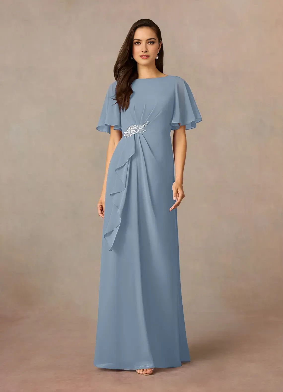 Unique Dusty Blue Sheath Beaded Chiffon Mother of the Bride Dresses Sophisticated Boat Neckline Sheer Short Sleeves Sparkling Rhinestone Accent Hot Sale for women