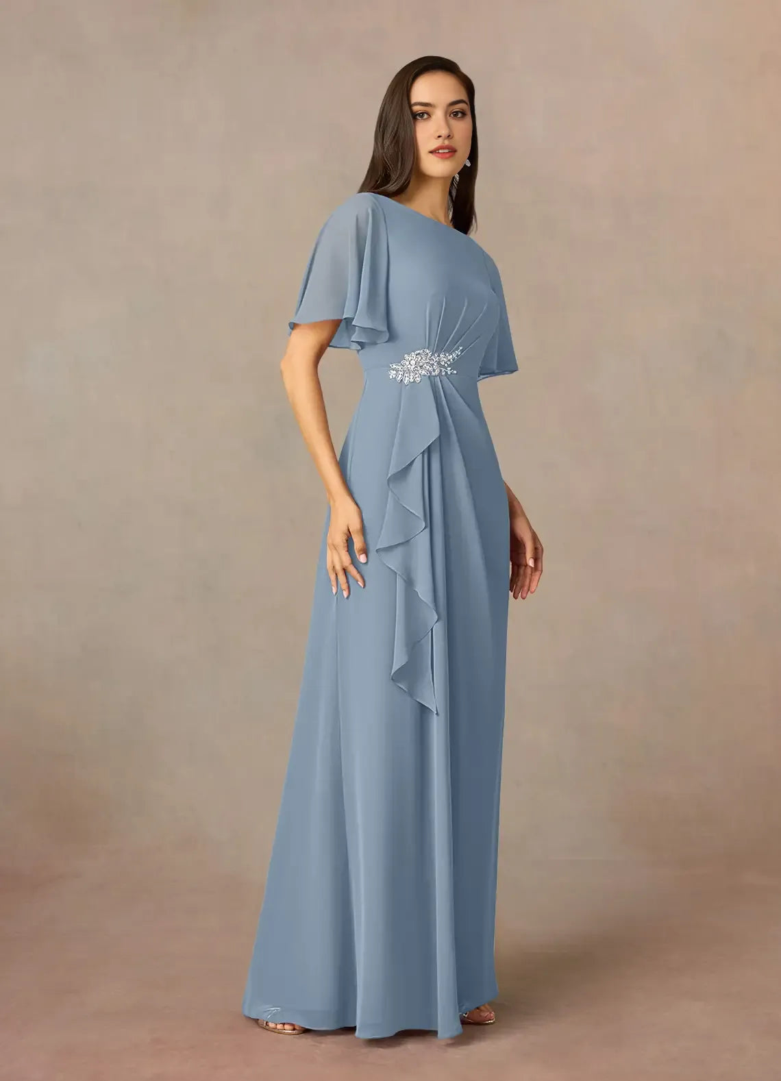 Unique Dusty Blue Sheath Beaded Chiffon Mother of the Bride Dresses Sophisticated Boat Neckline Sheer Short Sleeves Sparkling Rhinestone Accent Hot Sale for women