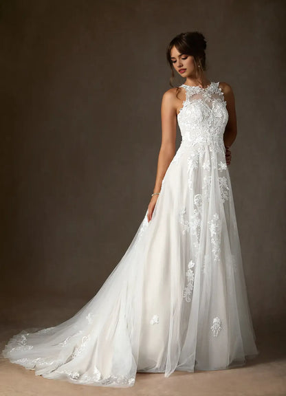 Unique High Neck A-Line Sweetheart Lace Tulle Wedding Dress Sheer Illusion Bodice Floral Appliqués Tulle Ball Gown Train Premium Pick for Fashion