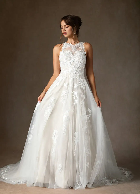 Unique High Neck A-Line Sweetheart Lace Tulle Wedding Dress Sheer Illusion Bodice Floral Appliqués Tulle Ball Gown Train Premium Pick for Fashion