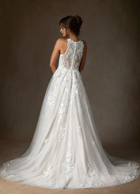 Unique High Neck A-Line Sweetheart Lace Tulle Wedding Dress Sheer Illusion Bodice Floral Appliqués Tulle Ball Gown Train Premium Pick for Fashion