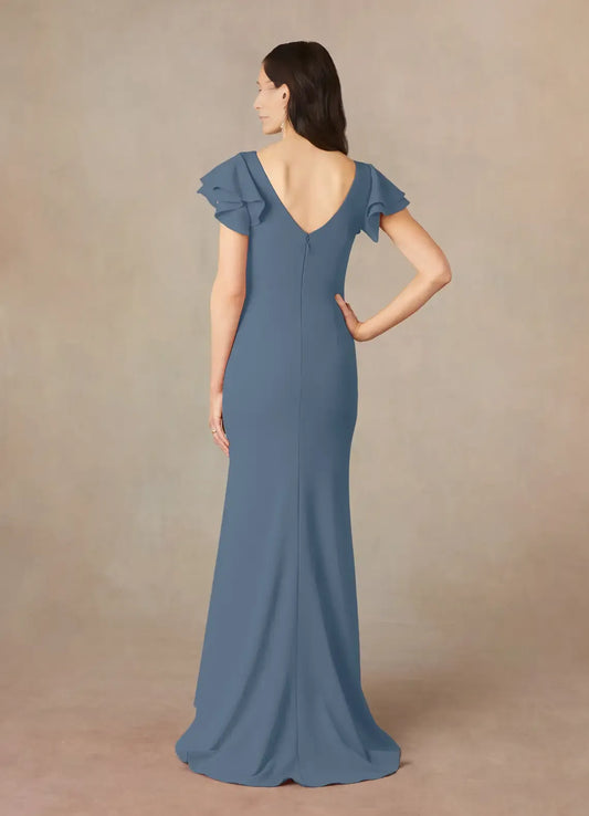 Unique Mermaid Mother of the Bride Dresses  with Flutter Short Sleeves Boat Neckline Ruched Waist and Mermaid Silhouette