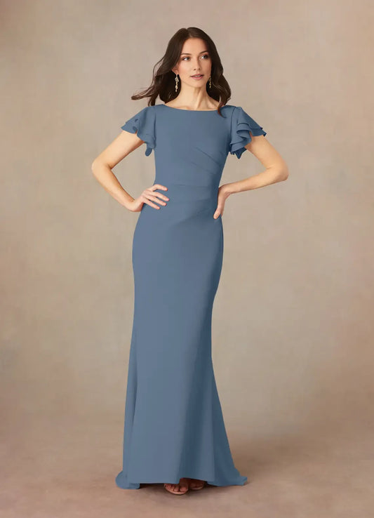Unique Mermaid Mother of the Bride Dresses  with Flutter Short Sleeves Boat Neckline Ruched Waist and Mermaid Silhouette