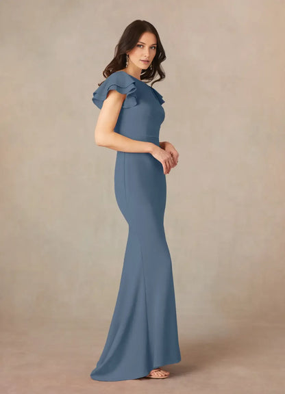 Unique Mermaid Mother of the Bride Dresses  with Flutter Short Sleeves Boat Neckline Ruched Waist and Mermaid Silhouette