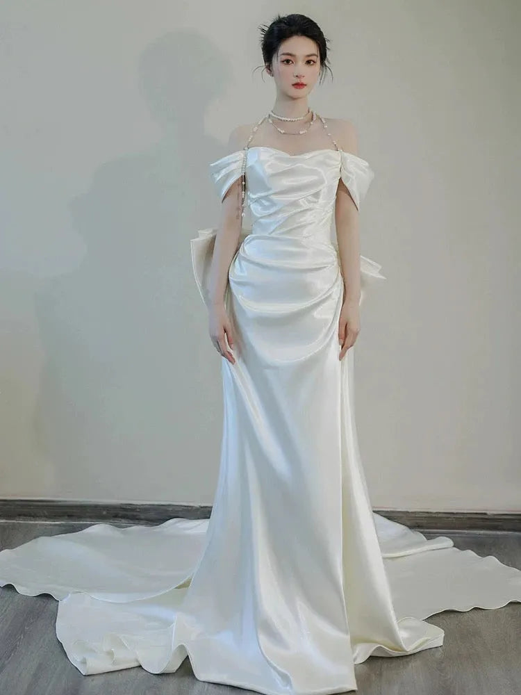 Unique Mermaid Off The Shoulder Pleats Short Sleeves Satin Fitted Tight for Women Wedding Dresses