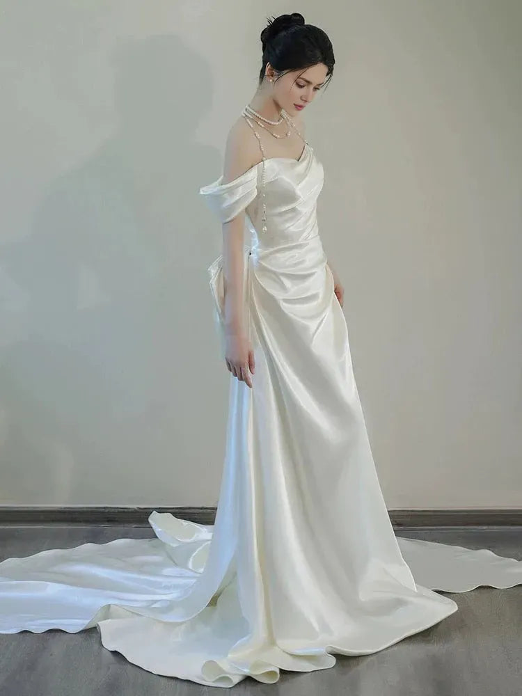 Unique Mermaid Off The Shoulder Pleats Short Sleeves Satin Fitted Tight for Women Wedding Dresses