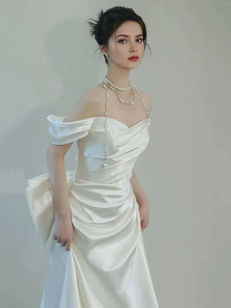 Unique Mermaid Off The Shoulder Pleats Short Sleeves Satin Fitted Tight for Women Wedding Dresses