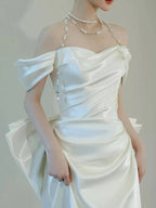 Unique Mermaid Off The Shoulder Pleats Short Sleeves Satin Fitted Tight for Women Wedding Dresses