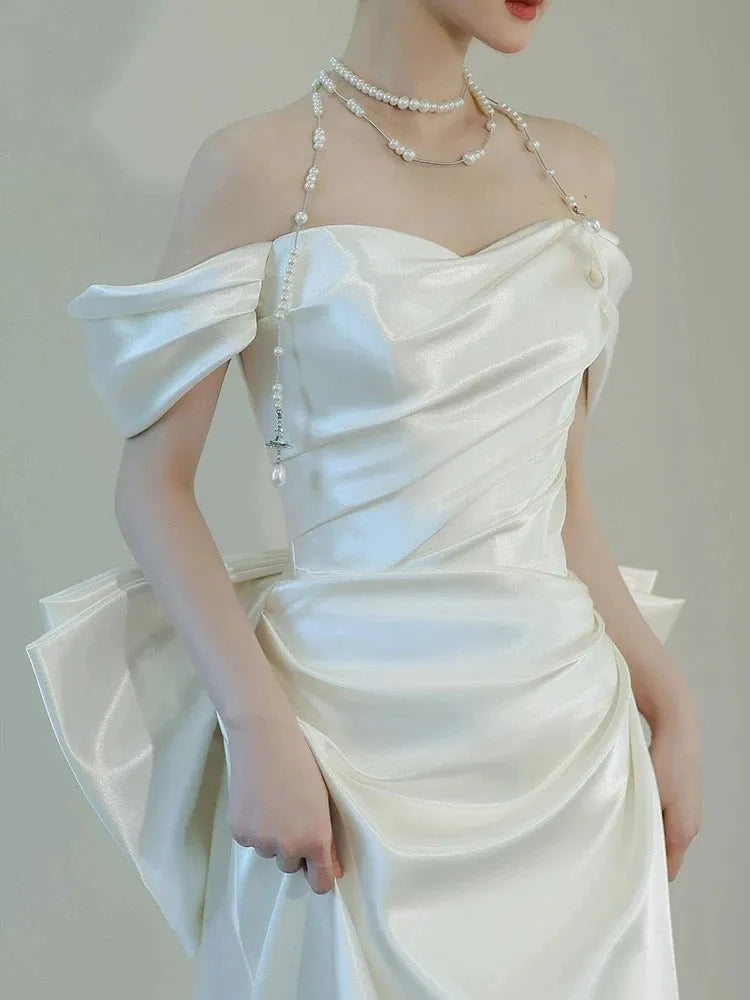 Unique Mermaid Off The Shoulder Pleats Short Sleeves Satin Fitted Tight for Women Wedding Dresses