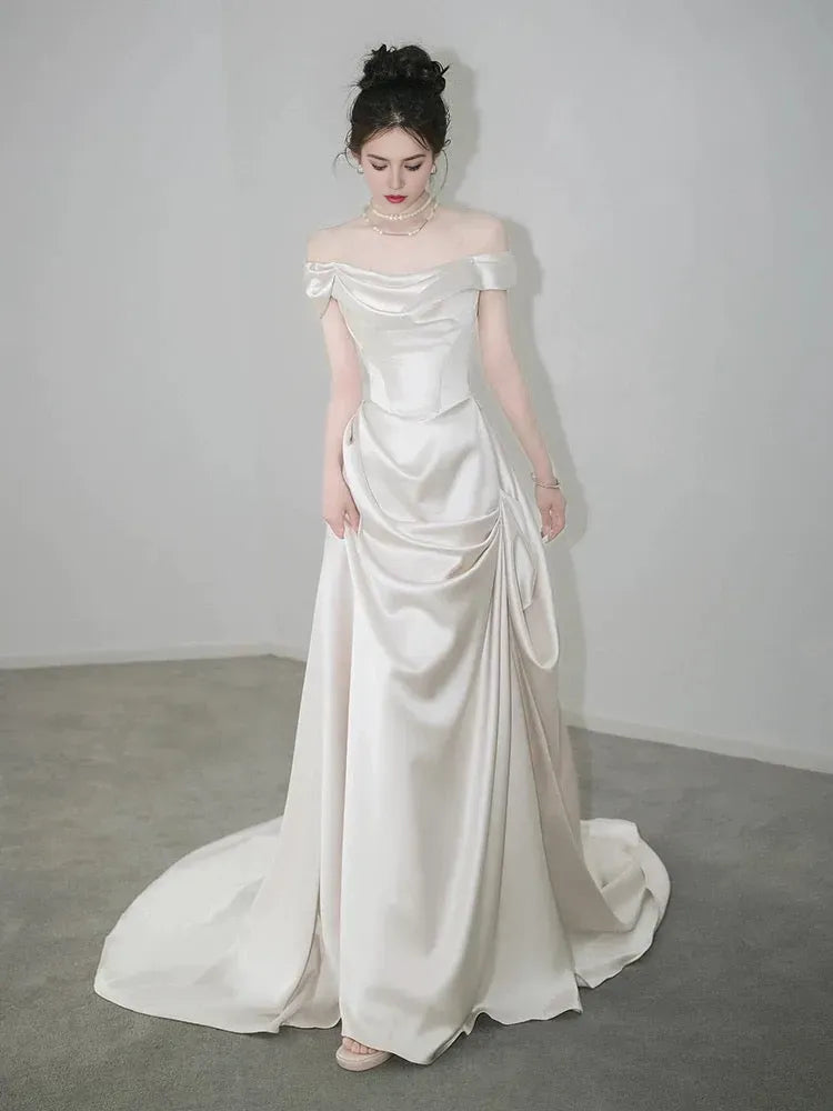 Unique Mermaid Off The Shoulder Pleats Short Sleeves Satin Ivory Wedding Dresses