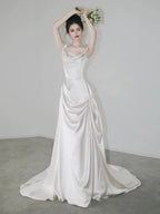 Unique Mermaid Off The Shoulder Pleats Short Sleeves Satin Ivory Wedding Dresses