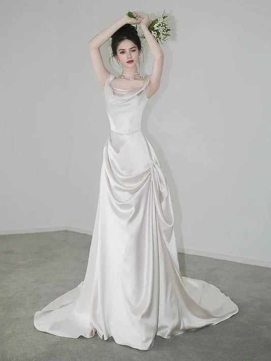 Unique Mermaid Off The Shoulder Pleats Short Sleeves Satin Ivory Wedding Dresses