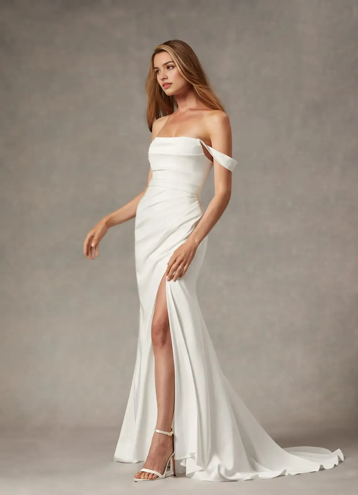 Unique Mermaid Scoop Pleated Crepe Back Satin Wedding Dresses Off - Shoulder Neckline Draped Ruched Detailing High Slit Train Stand Out with Elegant Bridal Style