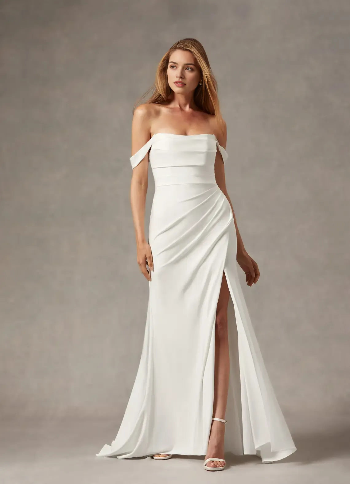 Unique Mermaid Scoop Pleated Crepe Back Satin Wedding Dresses Off - Shoulder Neckline Draped Ruched Detailing High Slit Train Stand Out with Elegant Bridal Style